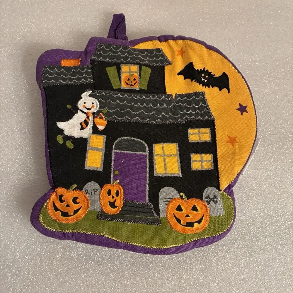 Halloween 3 Piece Kitchen Set. Dish Towel-Ghosts, 1 W/ Spiders, Web & Pot Holder